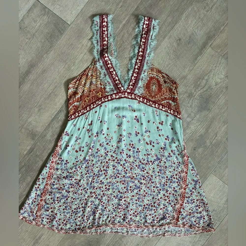 Free People Intimately East Willow Mint Multi Floral Lace-Trim V-Neck Mini Dress - Picture 8 of 8